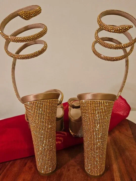 Rene Caovilla 38.5 Cleo Gold Platform Crystal Wrap Strap Sandal Block Heel Pump - Picture 3 of 12
